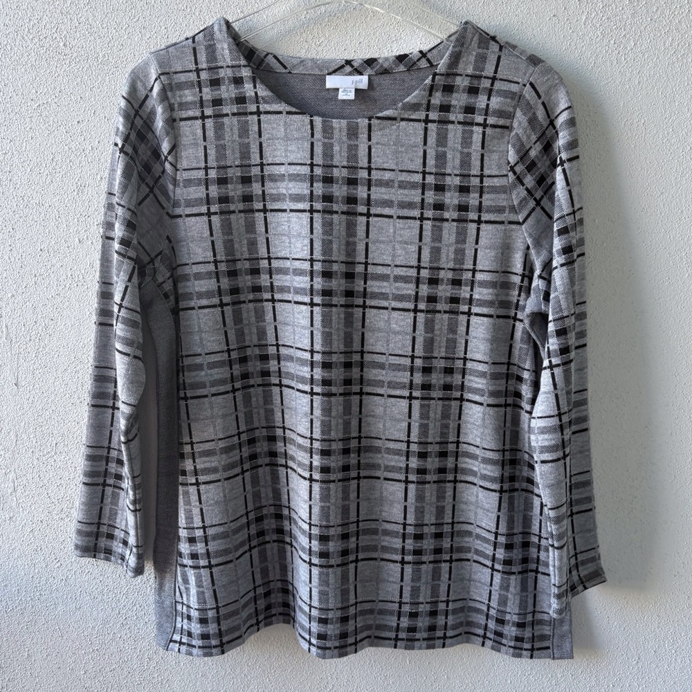 J Jill Size Medium Petite Black Gray‎ Plaid Top Party Holidays Metallic Teacher